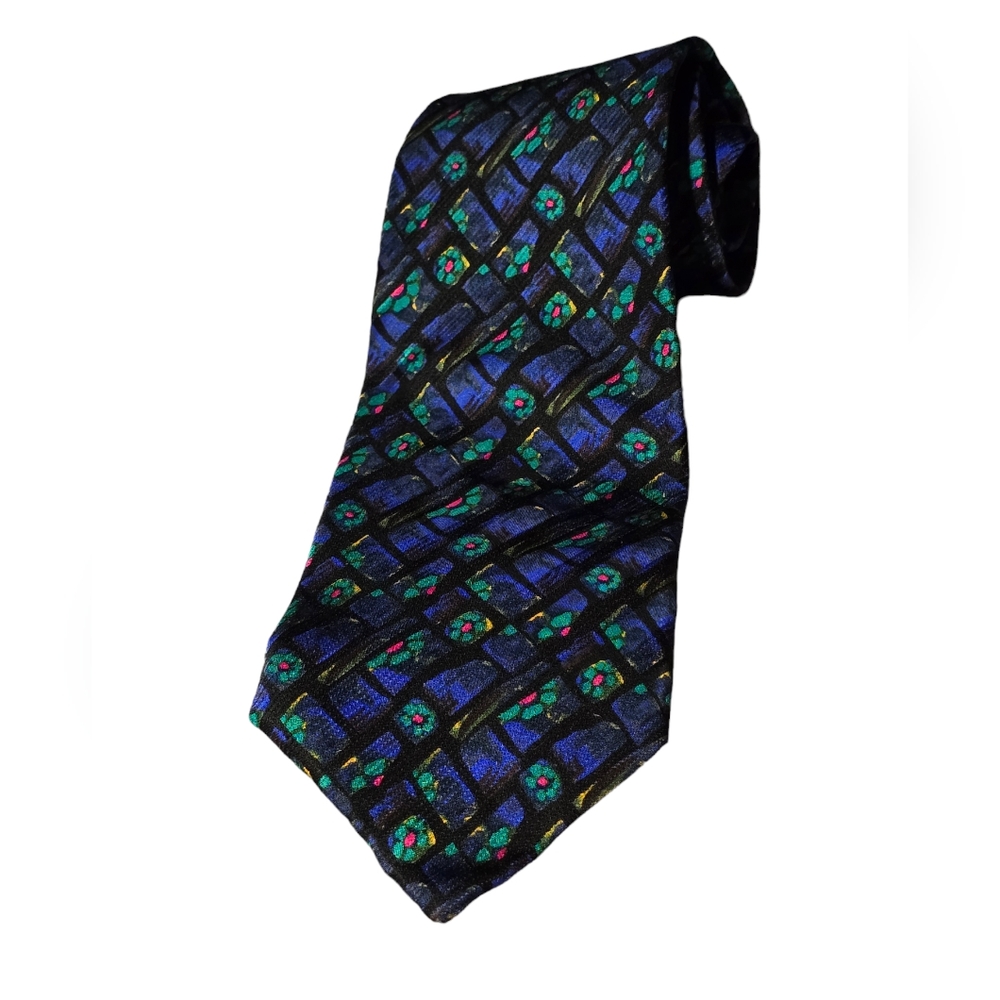 Jerry Garcia Blue Lattice Stained Glass Floral Design Men's Silk Neck Tie